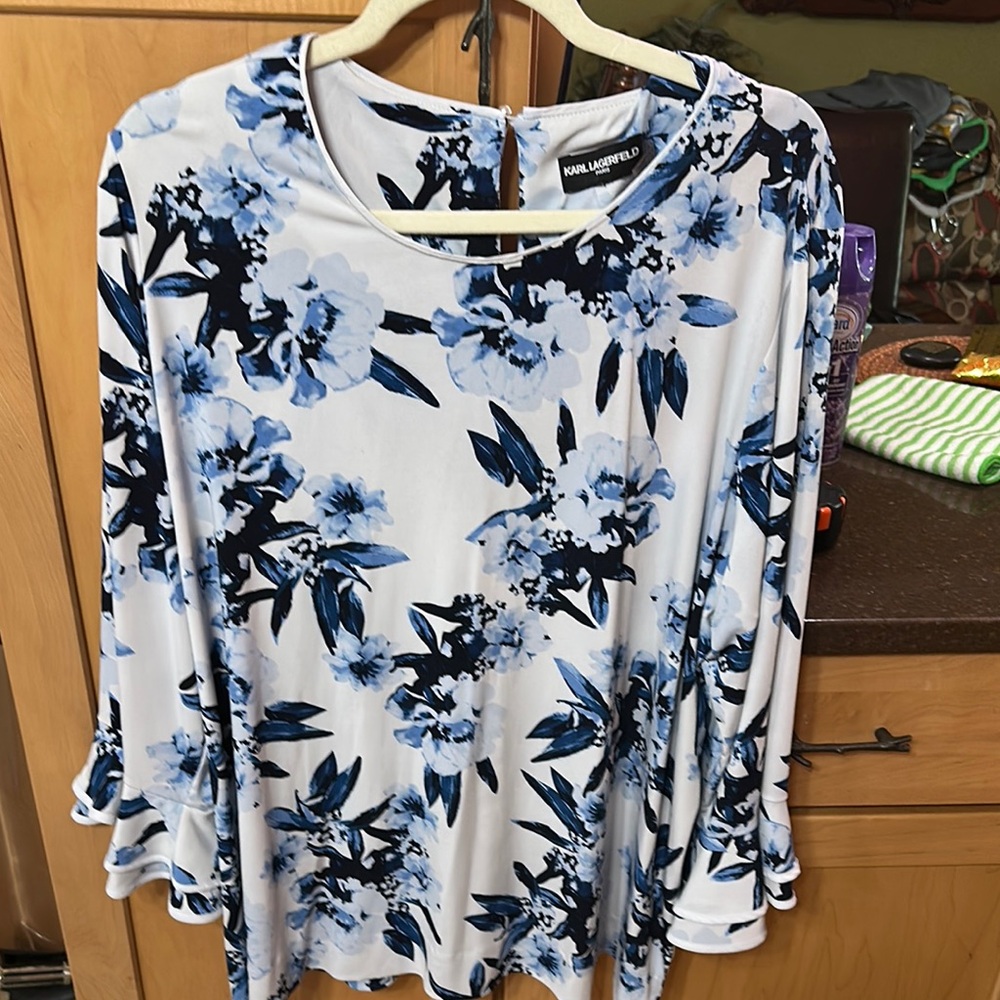 Karl Lagerfeld Blue and White Ruffled Bell Sleeve Blouse
